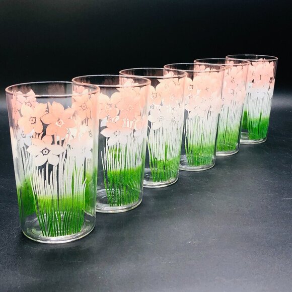 Mid Century Pastel Pink to Green Ombre Daffodils SET of 6 Water Juice Glass - Picture 2 of 9